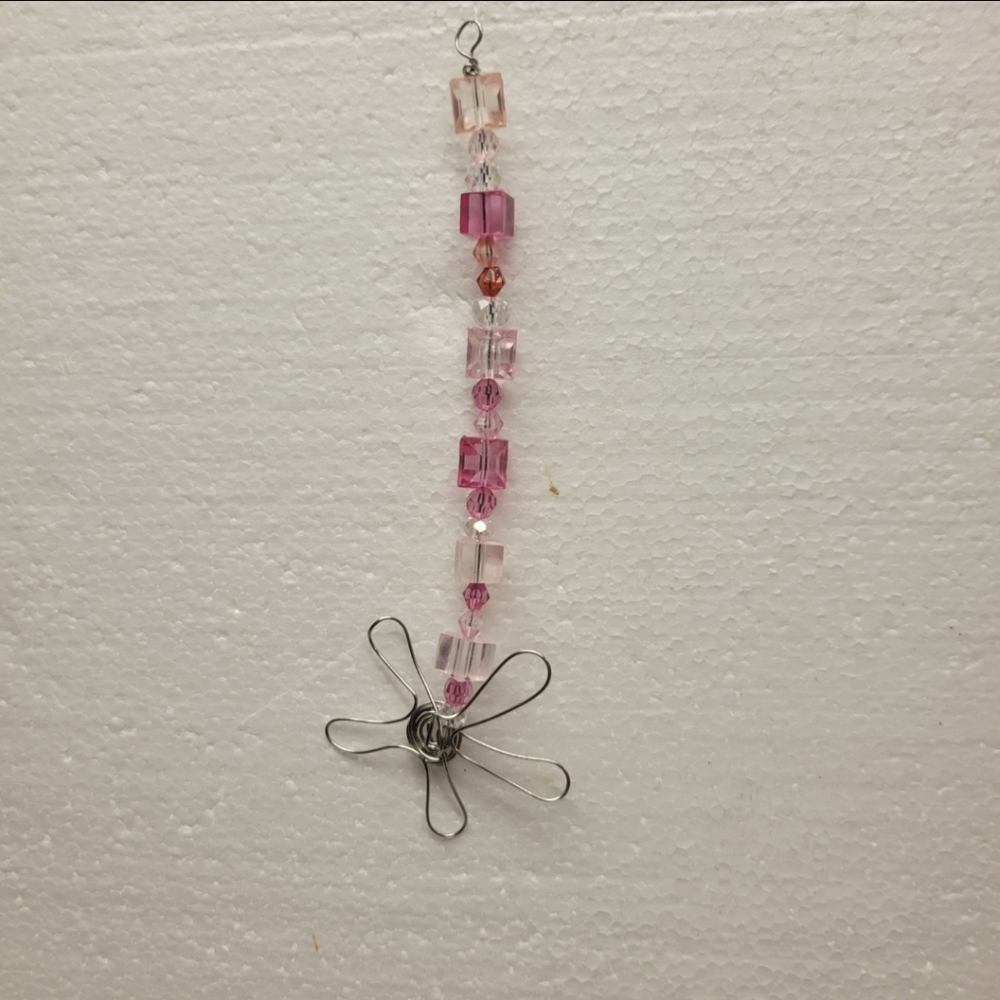 Hand Crafted Silver and Pink Beaded Flower Suncatcher
